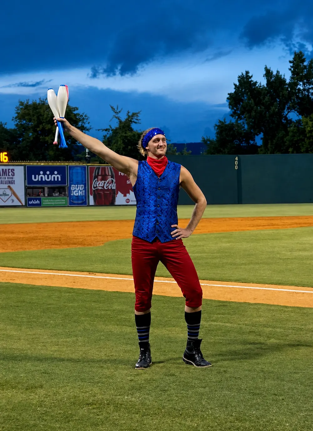 Juggler performing Chattanooga Lookouts baseball show in July 4th theme costume