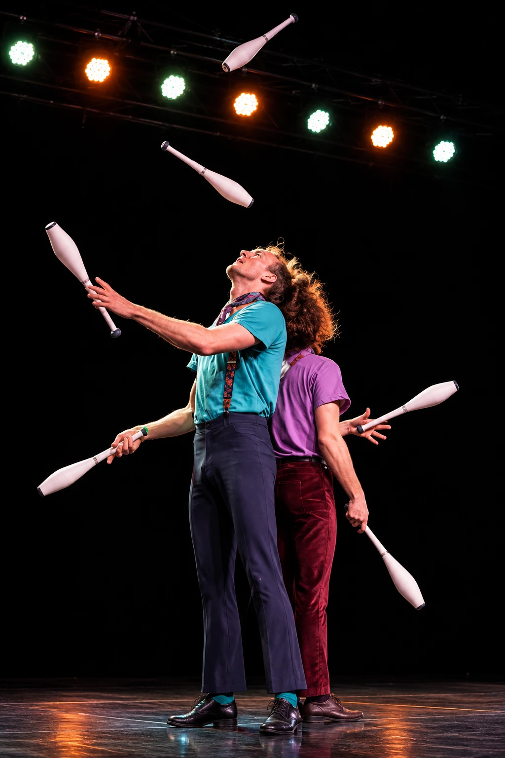 Circus performer passing juggling clubs with partner